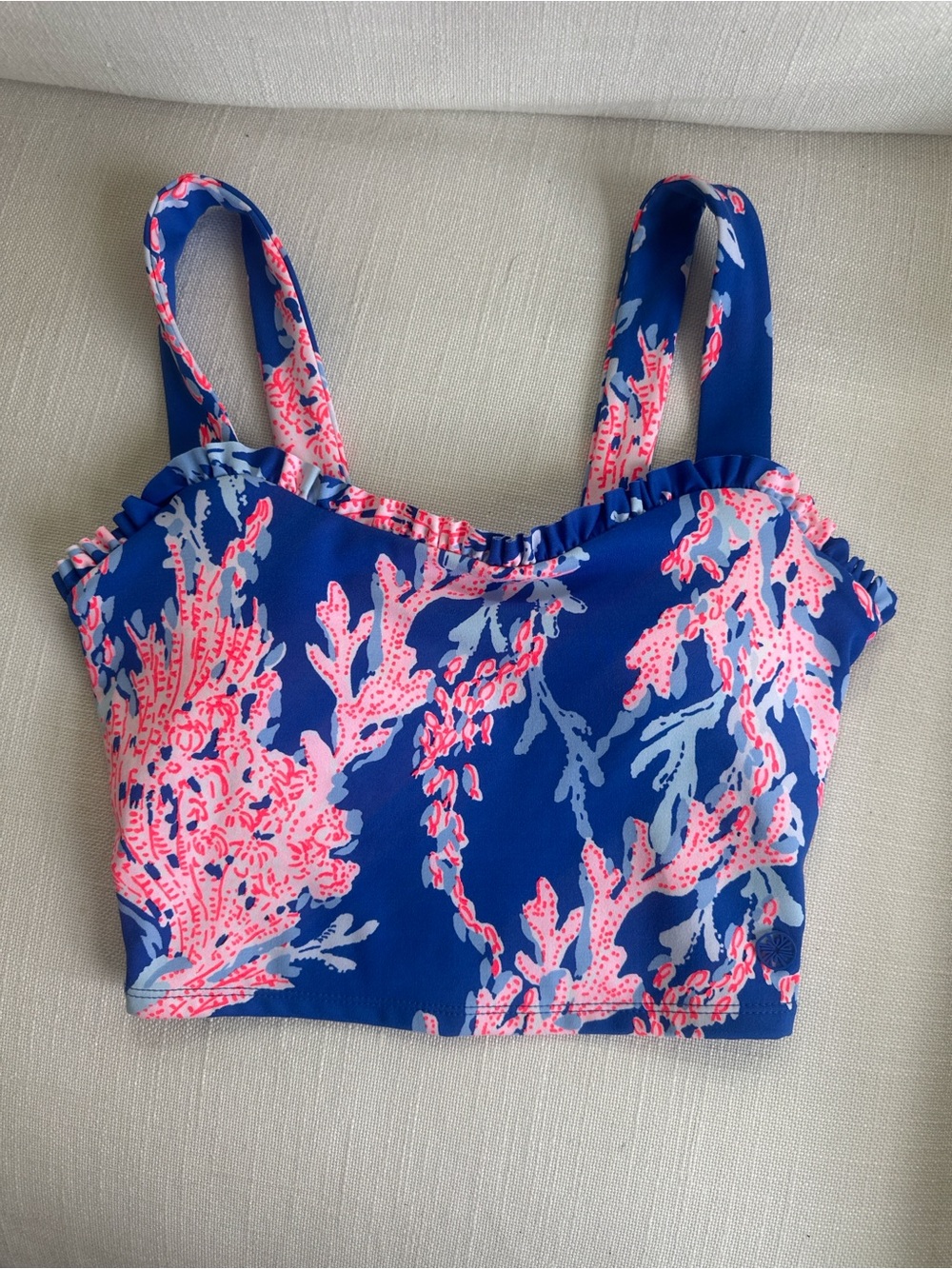 Lilly Pulitzer Luxletic Zahara Sports Bra XXS Blue Pink Coral Ruffle Active Swim